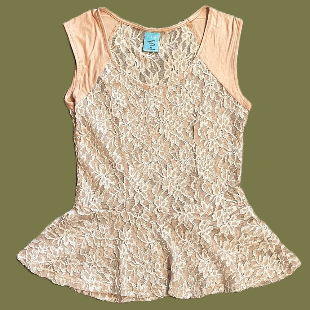 h.i.p. WOMENS TOP Medium CREAM LACE Sleeveless Tank SKIRTED HEM Boho  1181AT